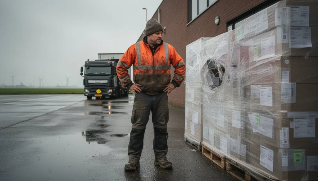 Een arbeider met oranje werkkleding staat buiten bij grote stapels ingepakte dozen.